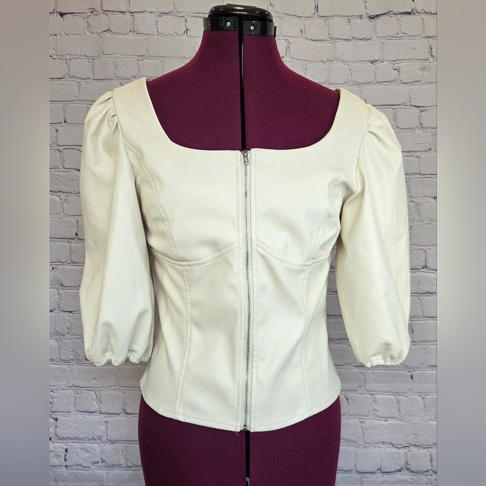 Bohme Ivory Puff Sleeve Faux Leather Blouse